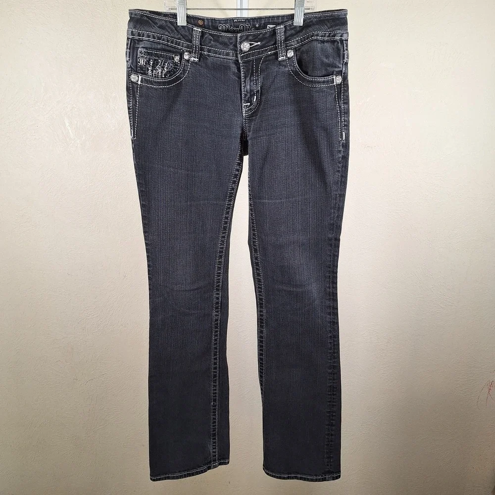 Miss Me Bootcut Black Denim Studded Bling Gem Flap Pockets‎ 30   JP535184